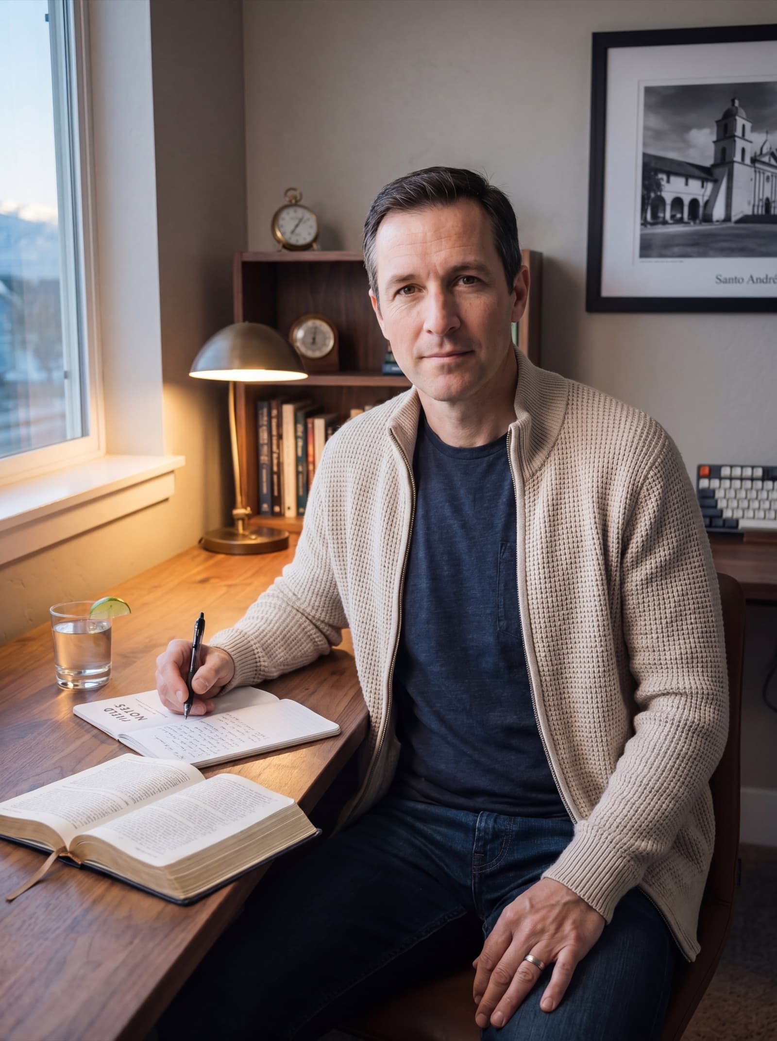 David Whitaker at his walnut desk in the home office before dawn, writing in a Field Notes notebook with a paper Book of Mormon open beside him.