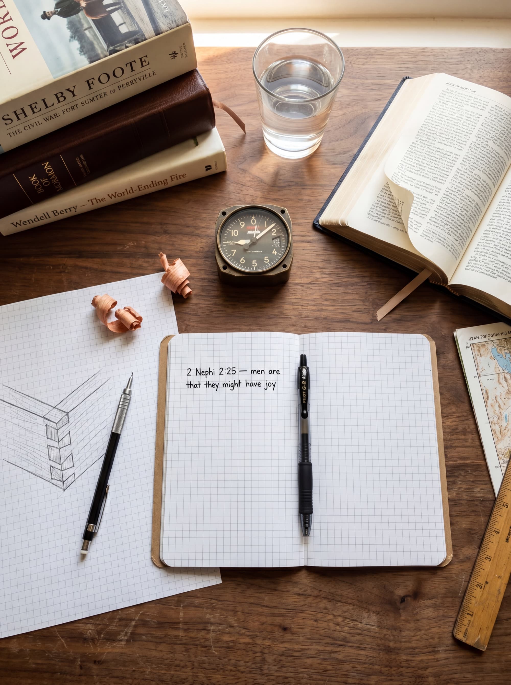 Overhead flat-lay of David's walnut desk: an open Field Notes notebook with 2 Nephi 2:25 written in his hand, a Pilot G-2, an open Book of Mormon, a graph-paper sketch of a dovetail joint, a brass altimeter, cedar shavings, and a Shelby Foote Civil War volume.